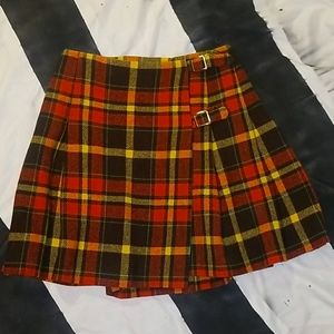 Vintage Orange Plaid Buckle Pleated Mini Skirt